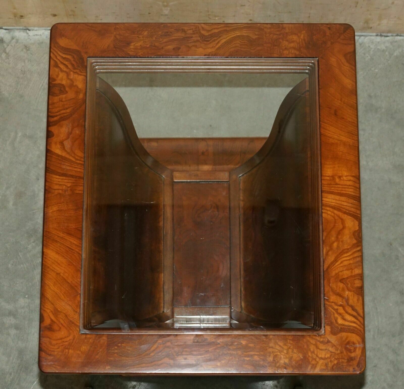 Four Large Tulip Shaped Glass Top Elm Side End Tables With Hidden Base Storage photo vintage