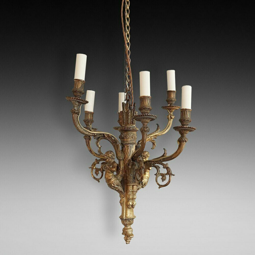 Early 20thc 6 Arm Gilt Metal Chandelier