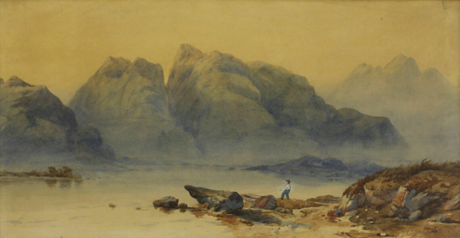 Watercolour By R E Stanton. Man With Row Boat In The Lake District photo furniture
