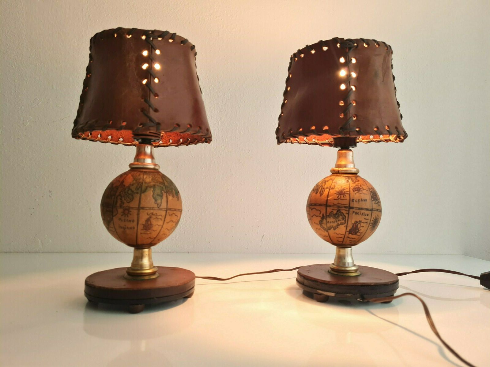 Vintage Mid Century Modern Pair Of Lamps Globes With Leather Shades photo vinterior