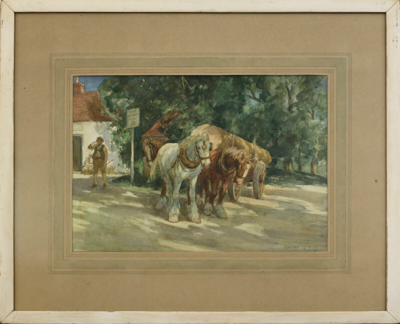 Watercolour By Stephen Reid. Horses Outside The Leather Bottle Pub