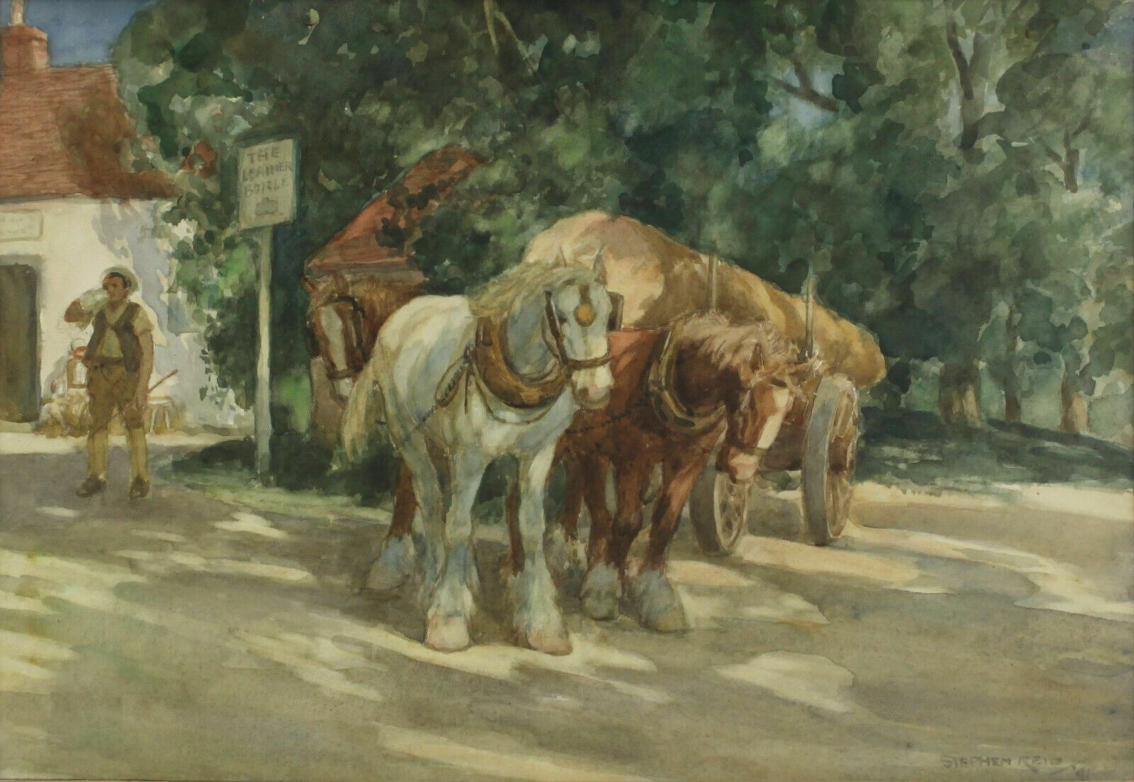 Watercolour By Stephen Reid. Horses Outside The Leather Bottle Pub photo furniture