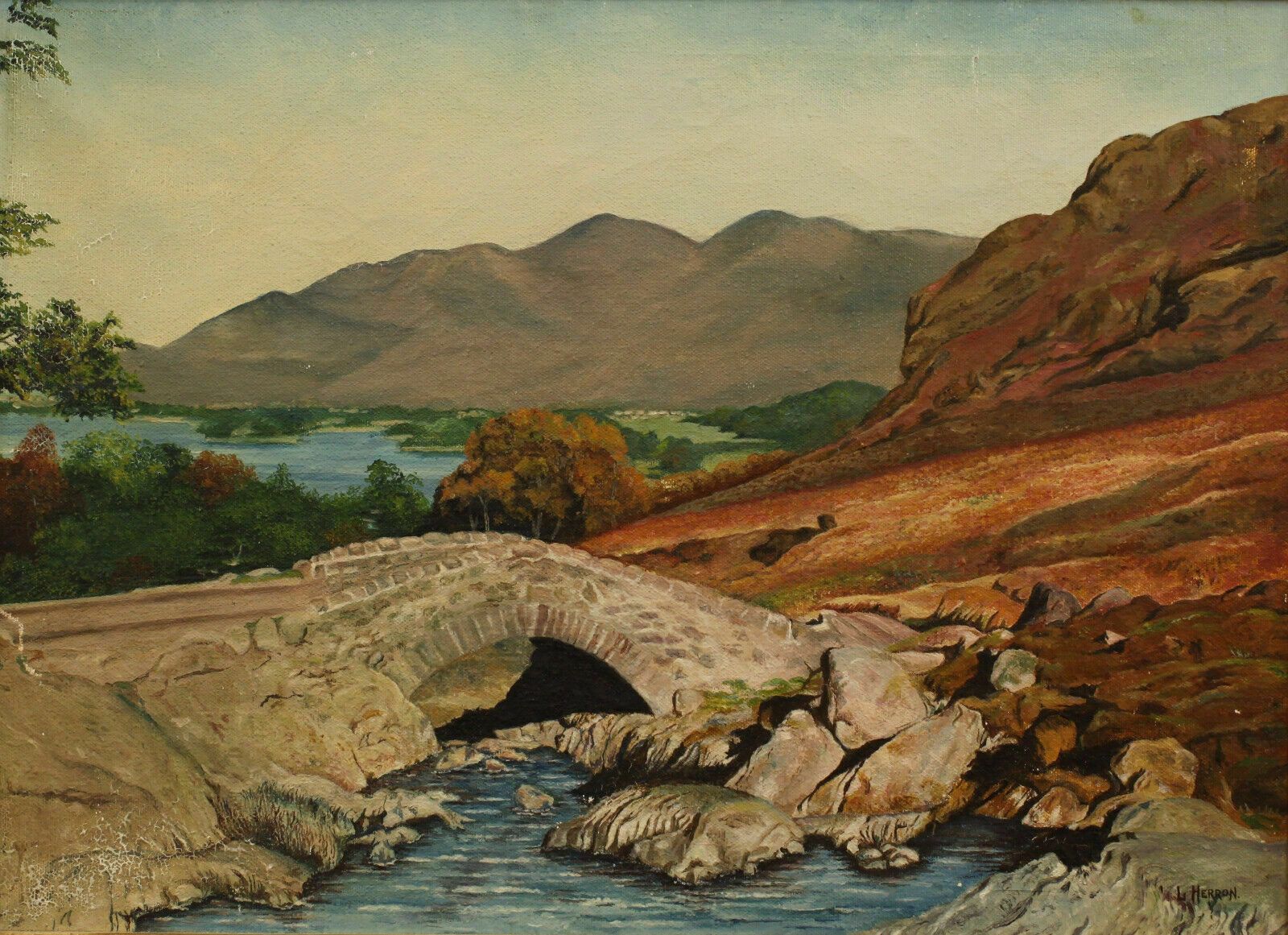 Oil On Canvas By L Herron. Packhorse Bridge photo furniture