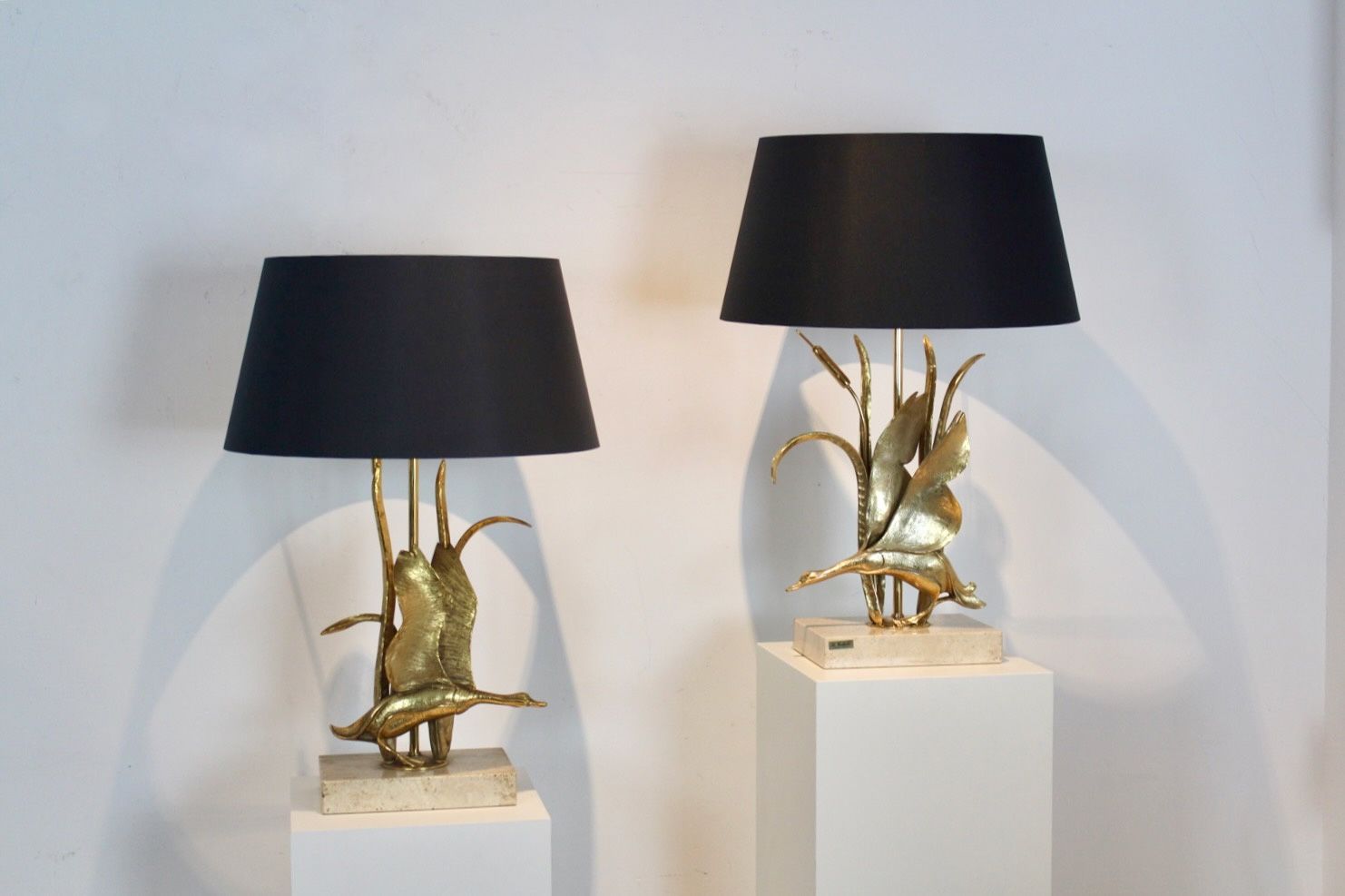 Travertine And Gilt Metal Wild Duck Table Lamps By Lanciotto Galeotti, Signed photo furniture