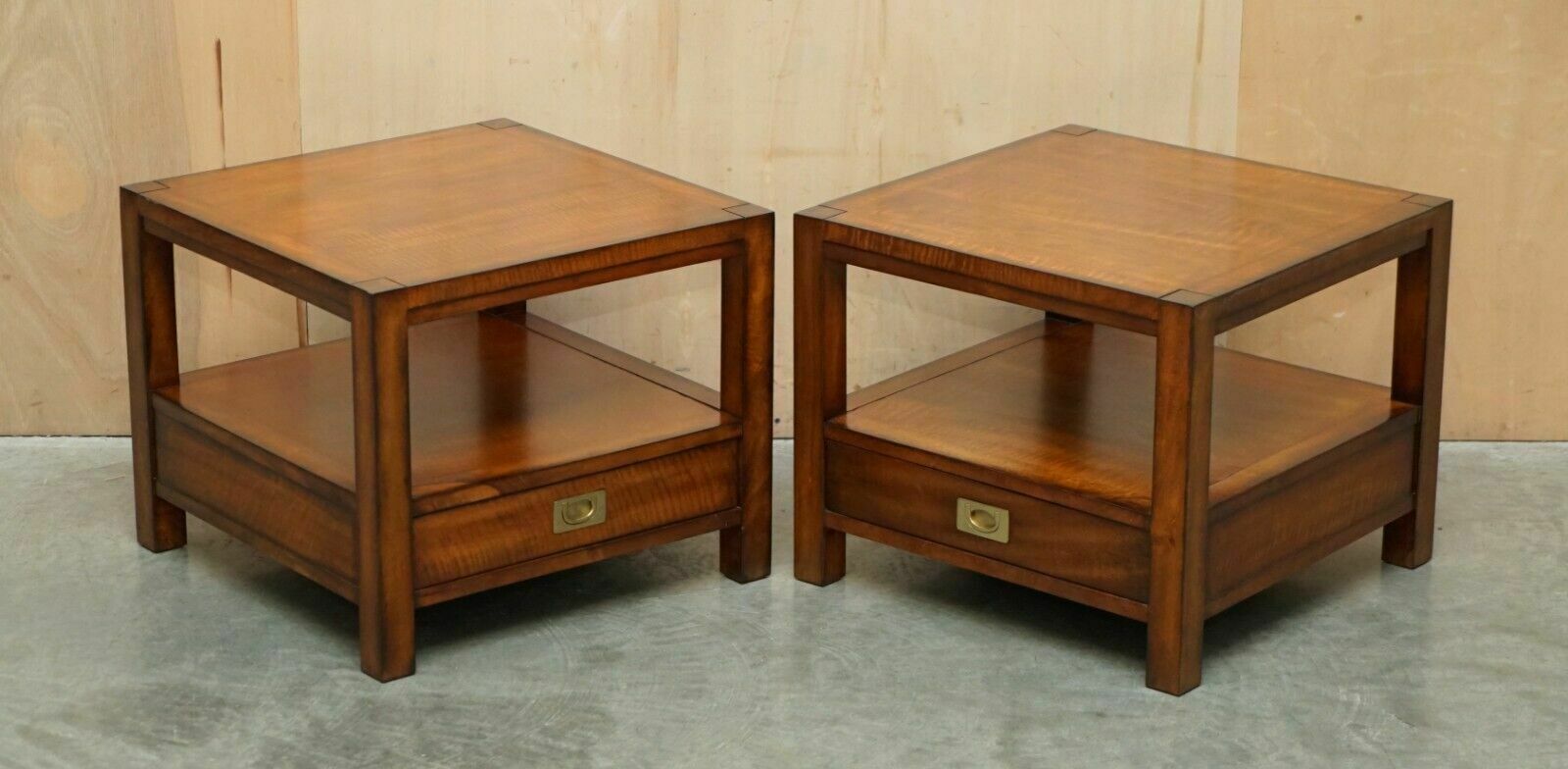 Stunning Pair Of Two Tier Military Campaign Side End Tables Large Single Drawers