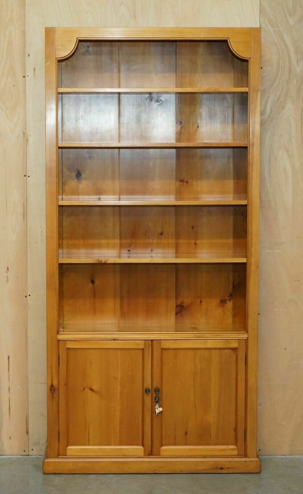 Pair Of Vintage Cherrywood Open Library Bookcases With Lockable Cupboard Bases photo for sale