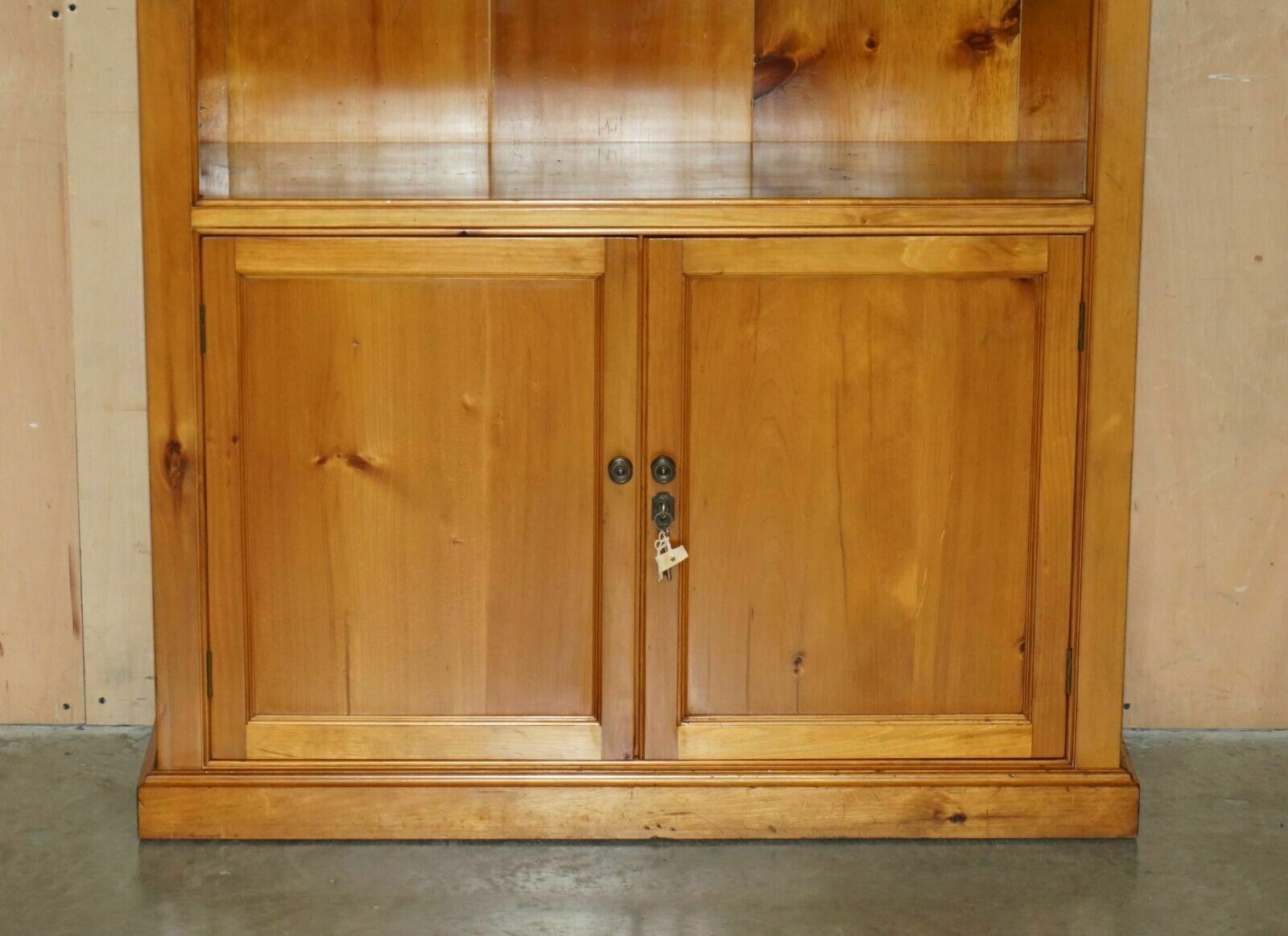Pair Of Vintage Cherrywood Open Library Bookcases With Lockable Cupboard Bases photo Furniture