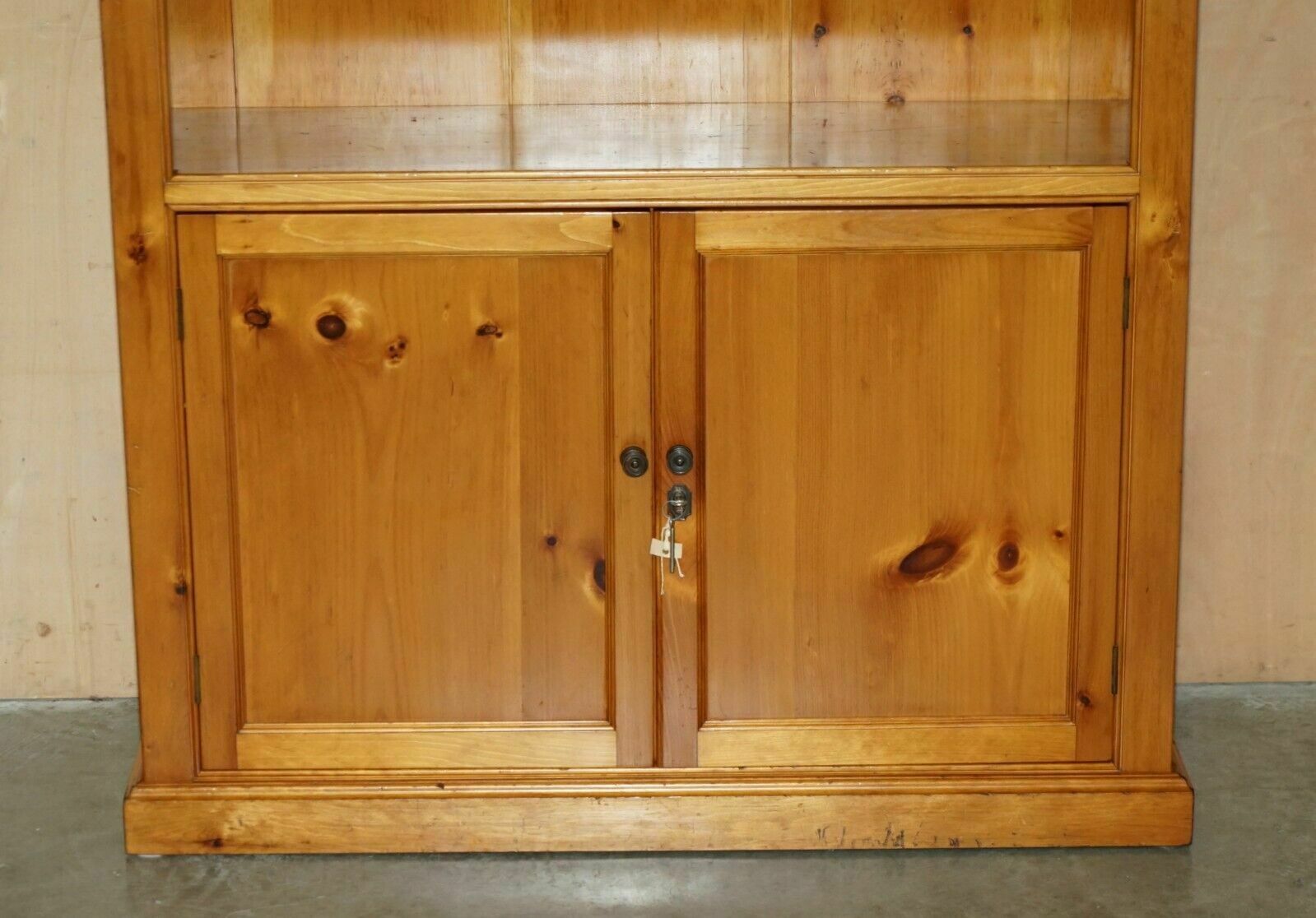 photo vintage Pair Of Vintage Cherrywood Open Library Bookcases With Lockable Cupboard Bases