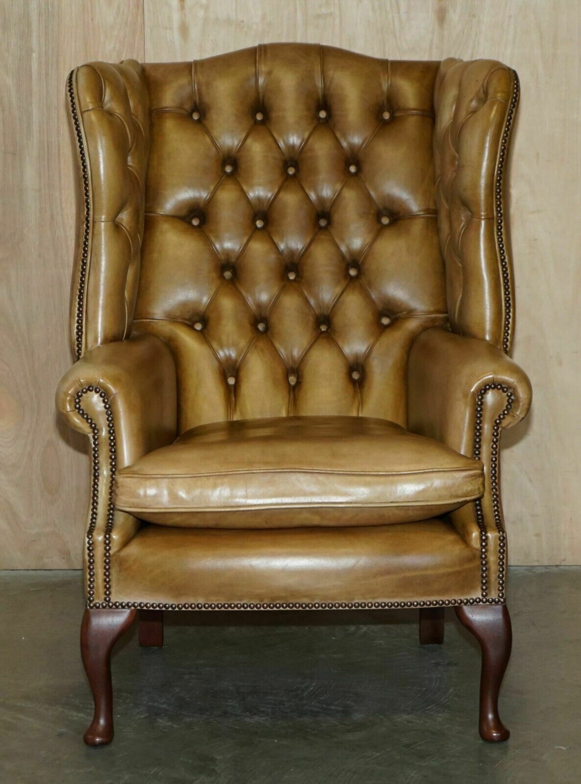 Pair Of Vintage Tan Brown Leather Chesterfield Wingback Chairs With Footstools photo Furniture