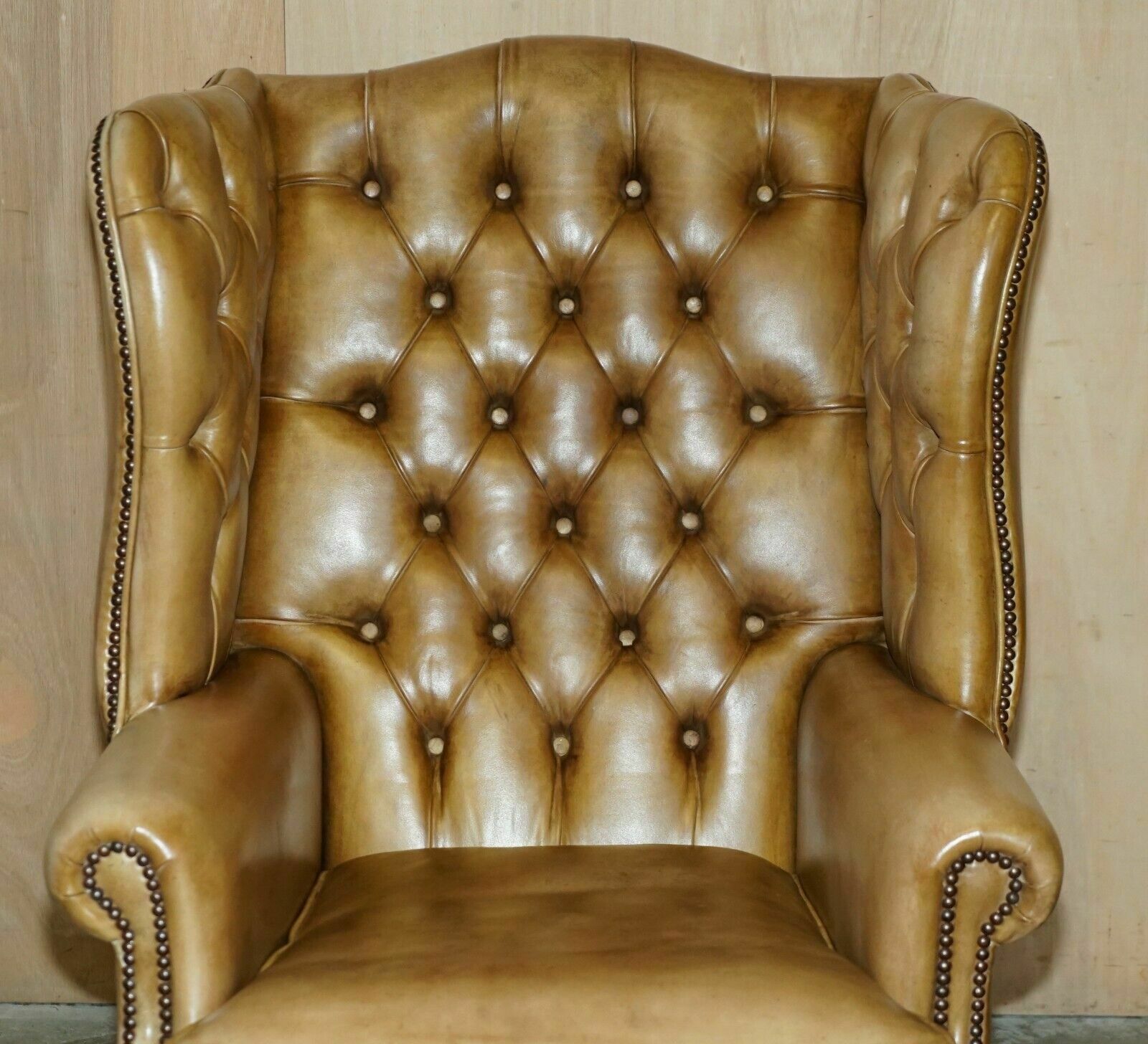 Pair Of Vintage Tan Brown Leather Chesterfield Wingback Chairs With Footstools photo 6950.0