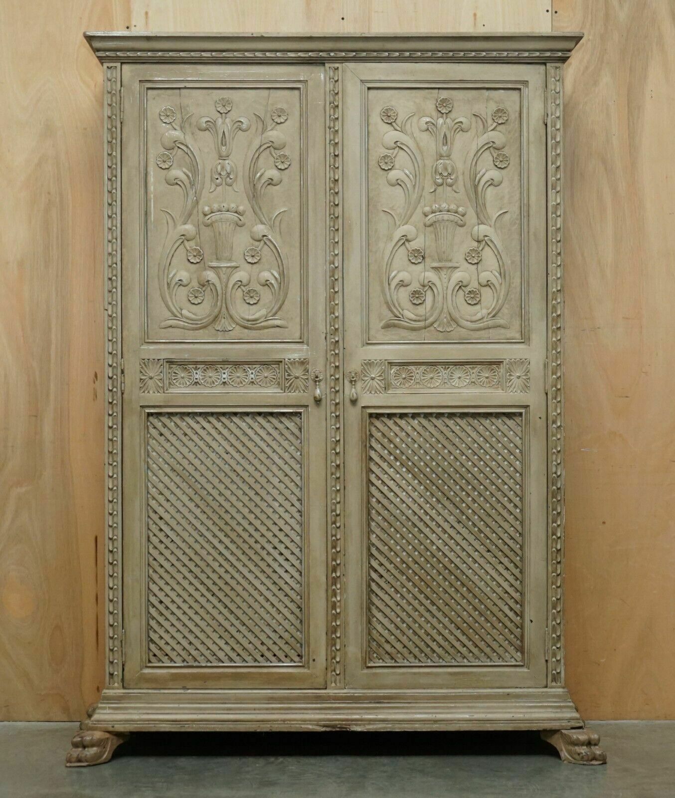 Antique Jacobean Revival Hand Carved Armoire Wardrobe With Grey French Paint