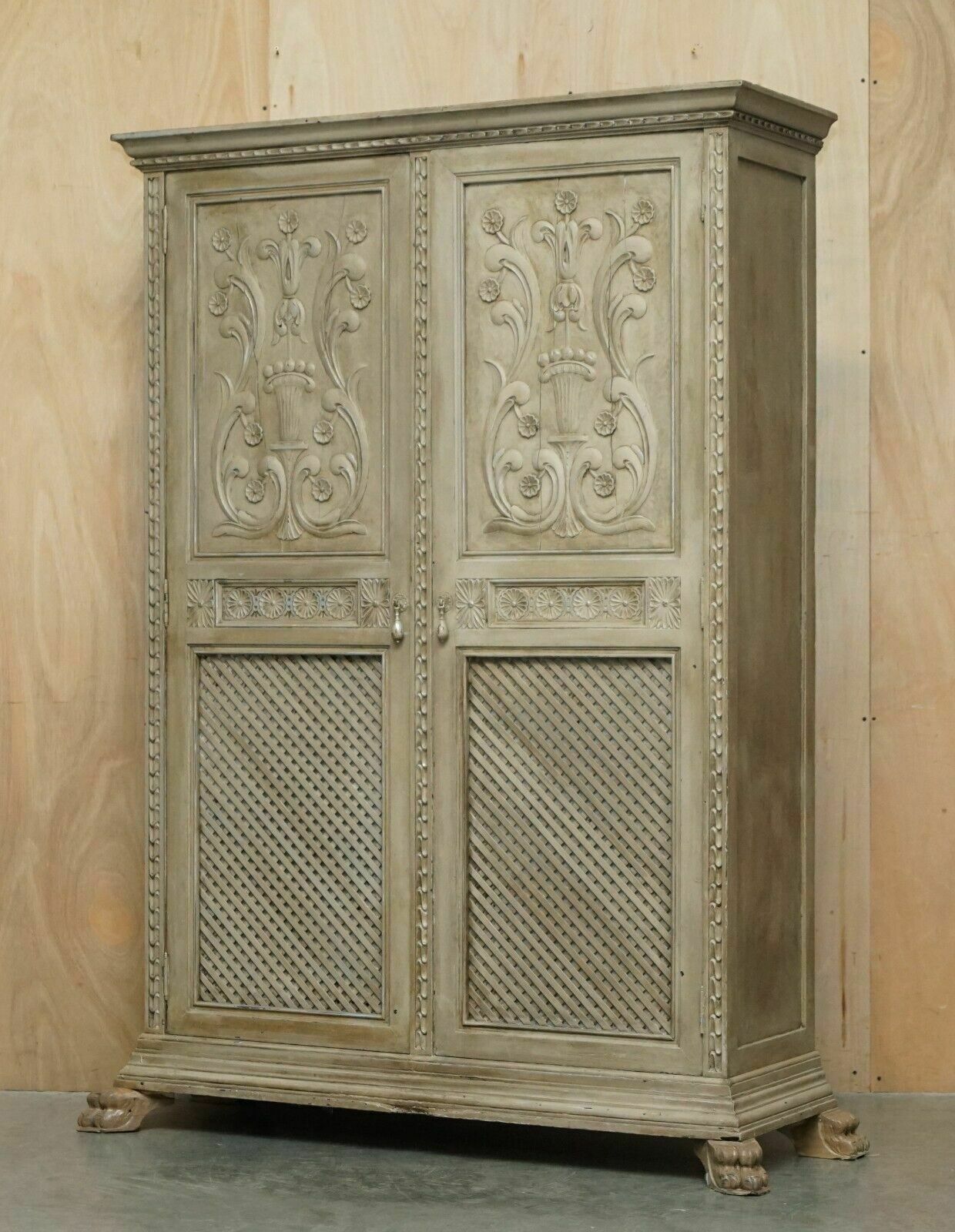 Antique Jacobean Revival Hand Carved Armoire Wardrobe With Grey French Paint photo furniture
