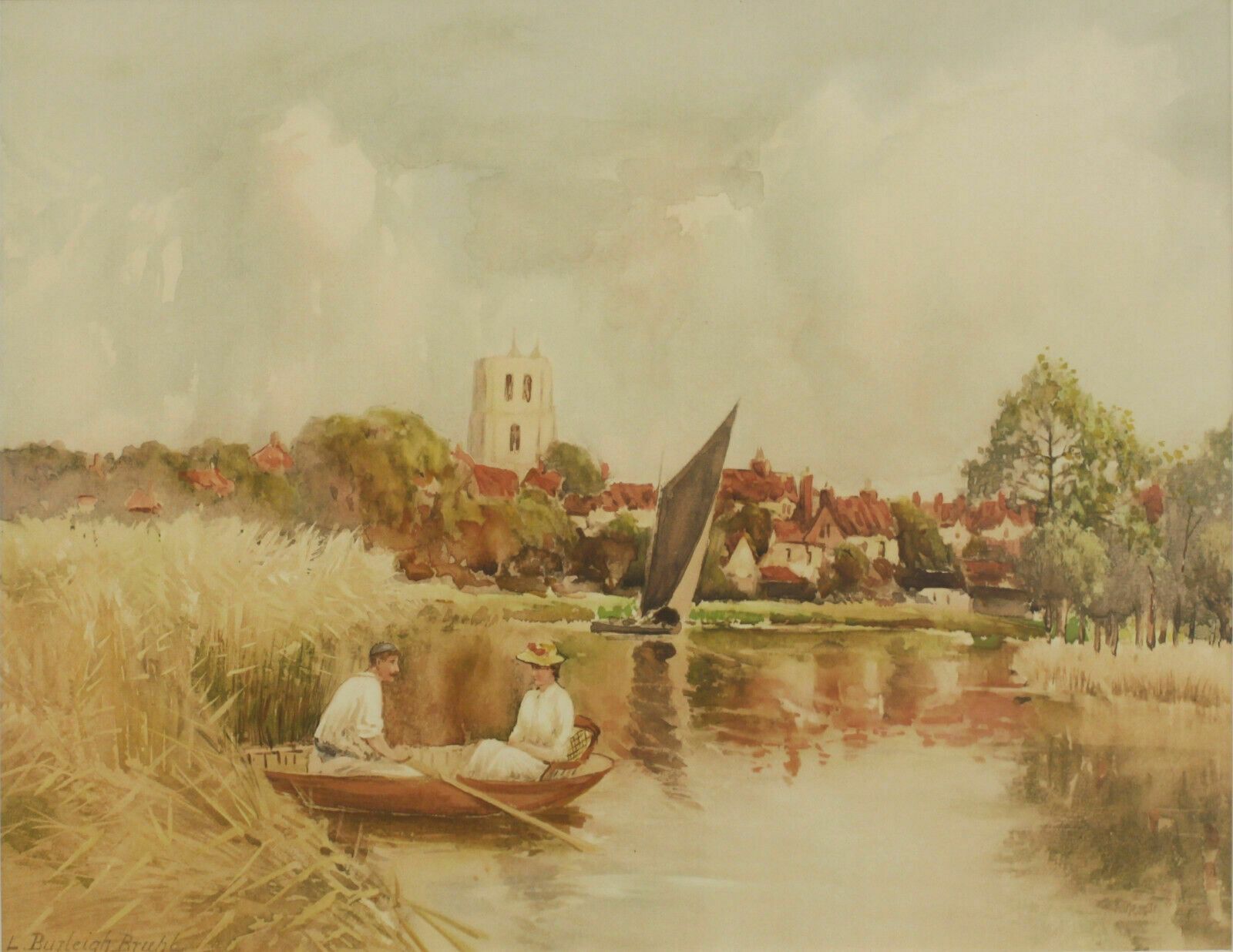 Print From A Watercolour By Louis Burleigh Bruhl. Rowing On The Norfolk Broads photo furniture