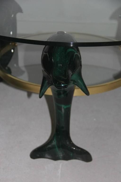 Italian Dolphins Coffee Table 1970, Wood Lacquered Green , Brass , Glass Round photo furniture