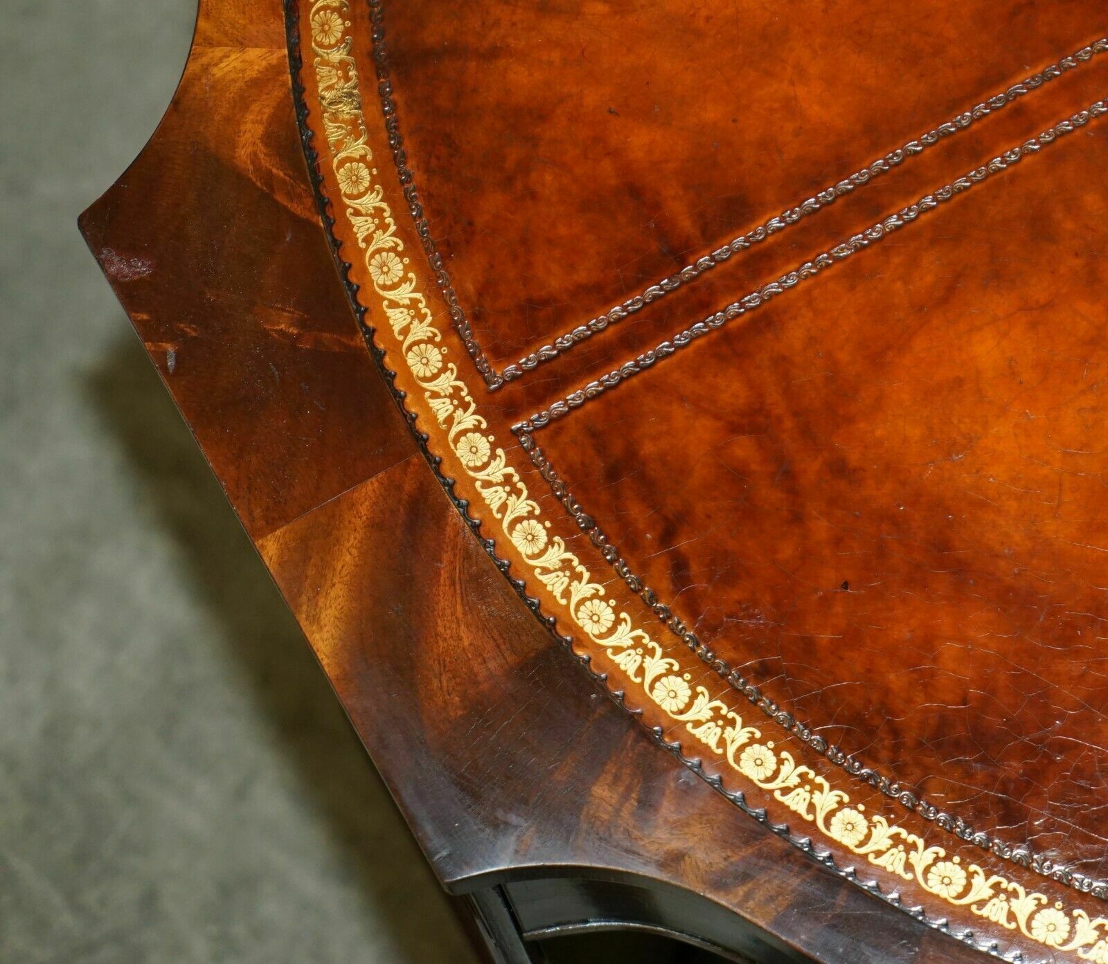 Exquisite Flamed Mahogany Hand Dyed Brown Leather Library Pedestal 2 Person Desk photo vinterior
