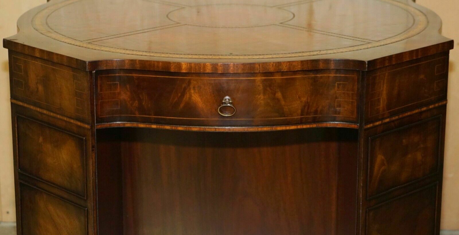 photo for sale Exquisite Flamed Mahogany Hand Dyed Brown Leather Library Pedestal 2 Person Desk