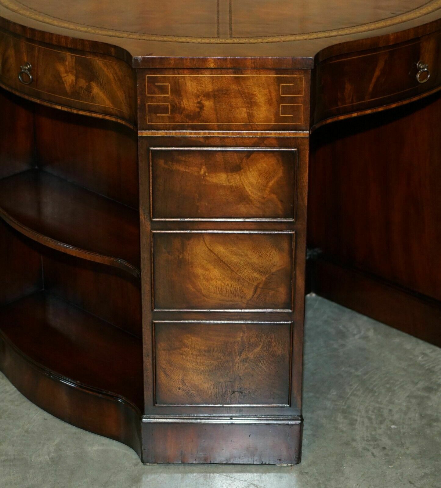 3850.0 Exquisite Flamed Mahogany Hand Dyed Brown Leather Library Pedestal 2 Person Desk photo