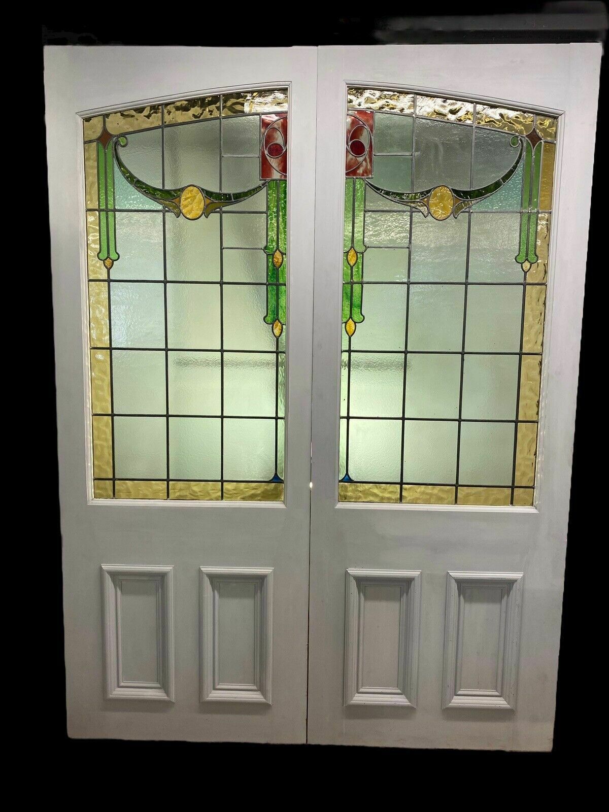X Large Victorian Stained Glass French Doors Antique Period Reclaimed Old Wood