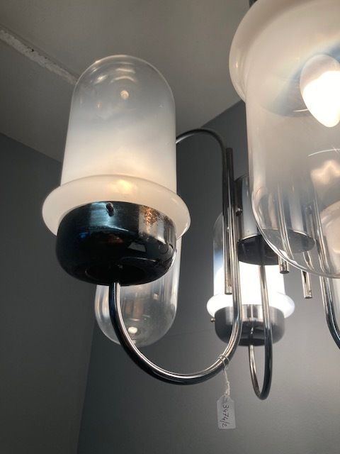 Vintage 70s Six Light Chrome And Murano Designer Chandelier. Electrified Modern Design photo for sale