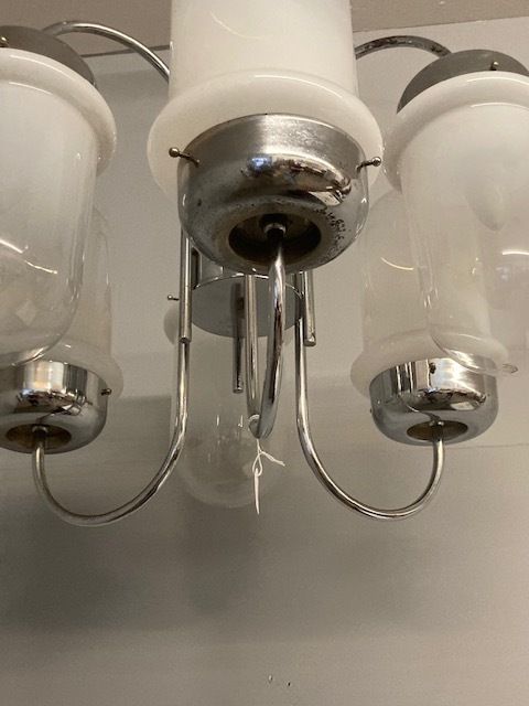 photo for sale Vintage 70s Six Light Chrome And Murano Designer Chandelier. Electrified Modern Design