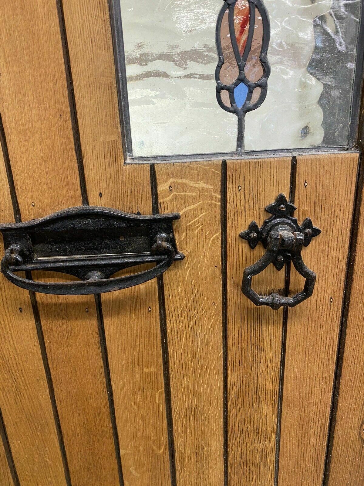 Solid Oak Front Door Stained Glass Old Period Antique Reclaimed Wood Cast Iron photo vintage