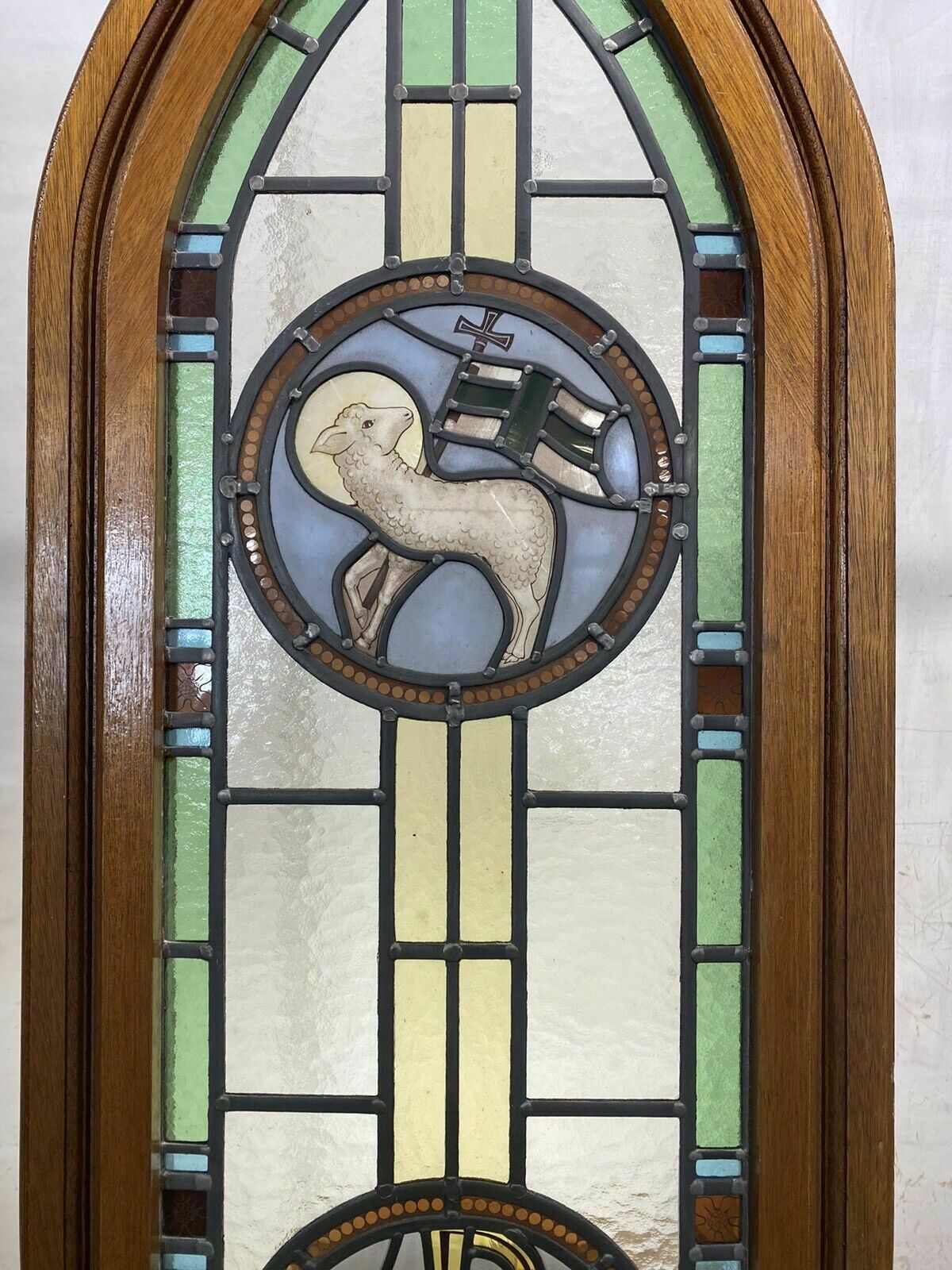 Exquisite Stained Glass Hand Painted Window Panel Old Restored Arched Teak Opens photo for sale
