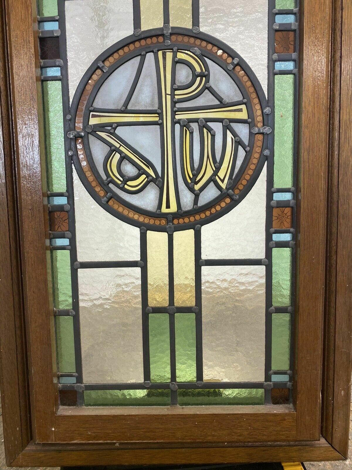 Exquisite Stained Glass Hand Painted Window Panel Old Restored Arched Teak Opens photo Home Fixtures