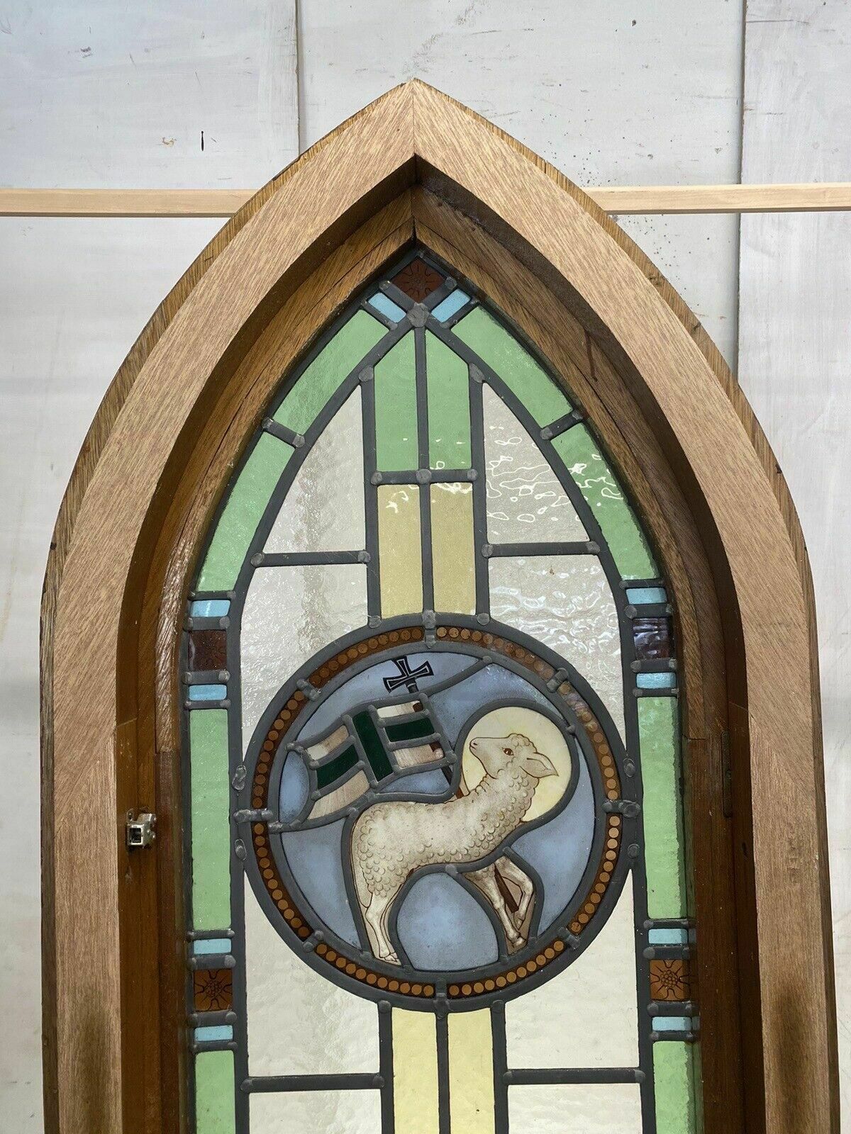 Exquisite Stained Glass Hand Painted Window Panel Old Restored Arched Teak Opens photo vinterior
