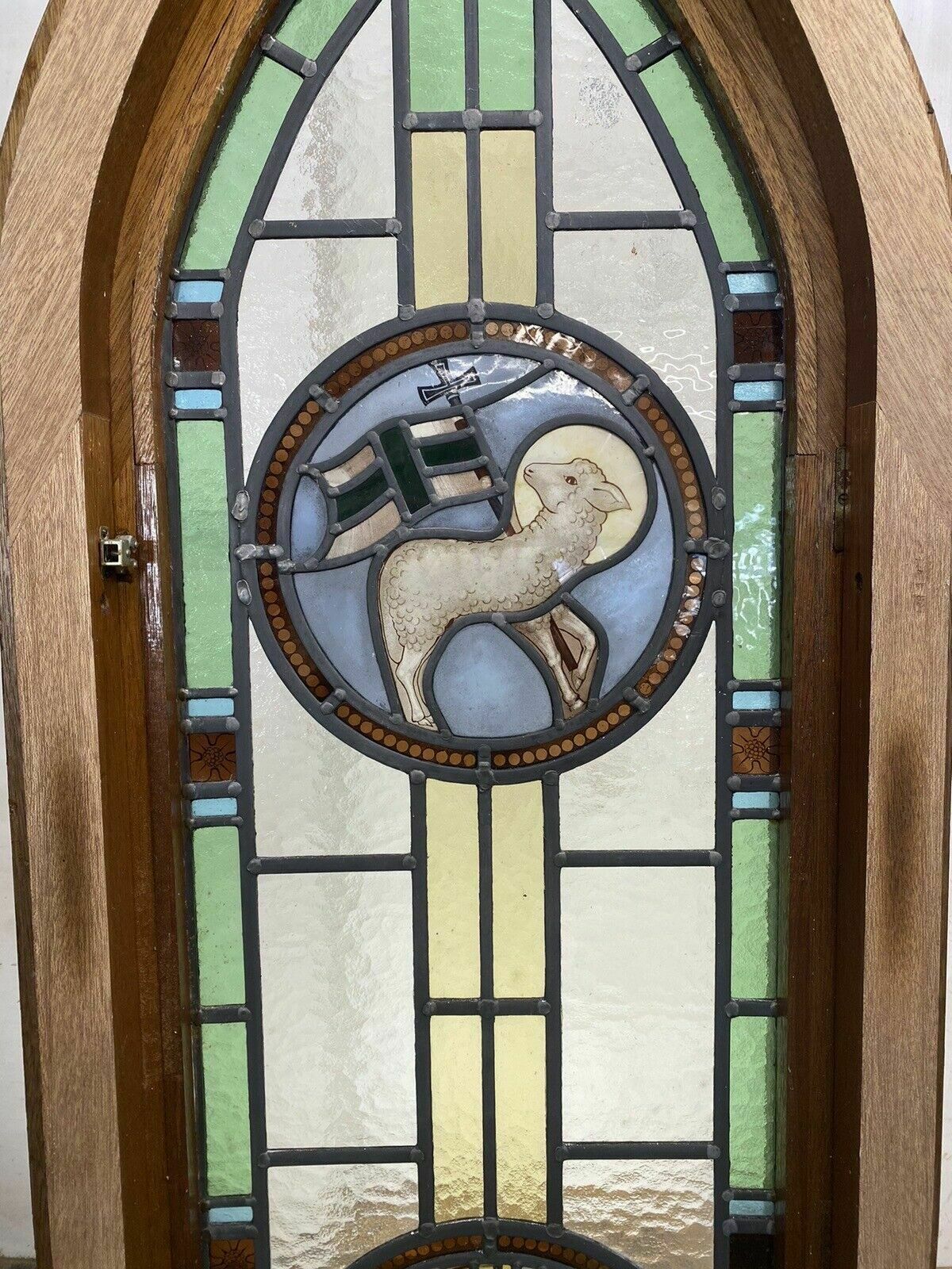 Exquisite Stained Glass Hand Painted Window Panel Old Restored Arched Teak Opens photo buy