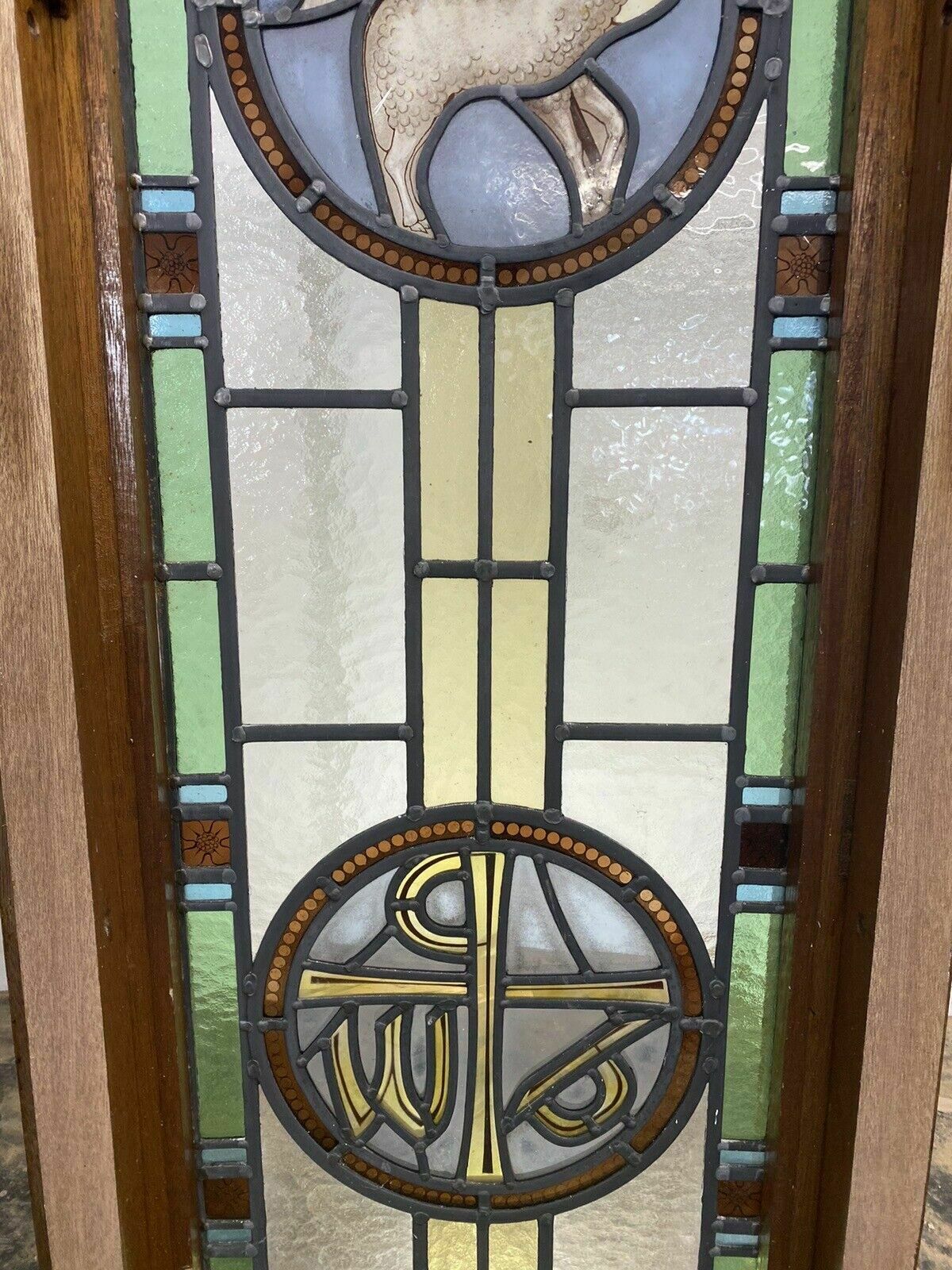 Exquisite Stained Glass Hand Painted Window Panel Old Restored Arched Teak Opens photo vintage