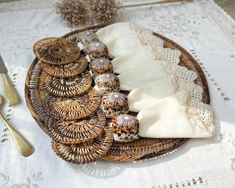 Rattan Placemat, Coasters, Embroidered Napkins And Cowrie Shell Napkin Ring ~ Vintage Placemat ~ Bohemian Table photo furniture