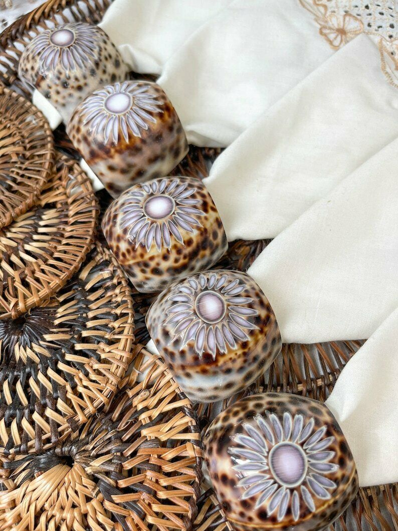 Rattan Placemat, Coasters, Embroidered Napkins And Cowrie Shell Napkin Ring ~ Vintage Placemat ~ Bohemian Table photo for sale