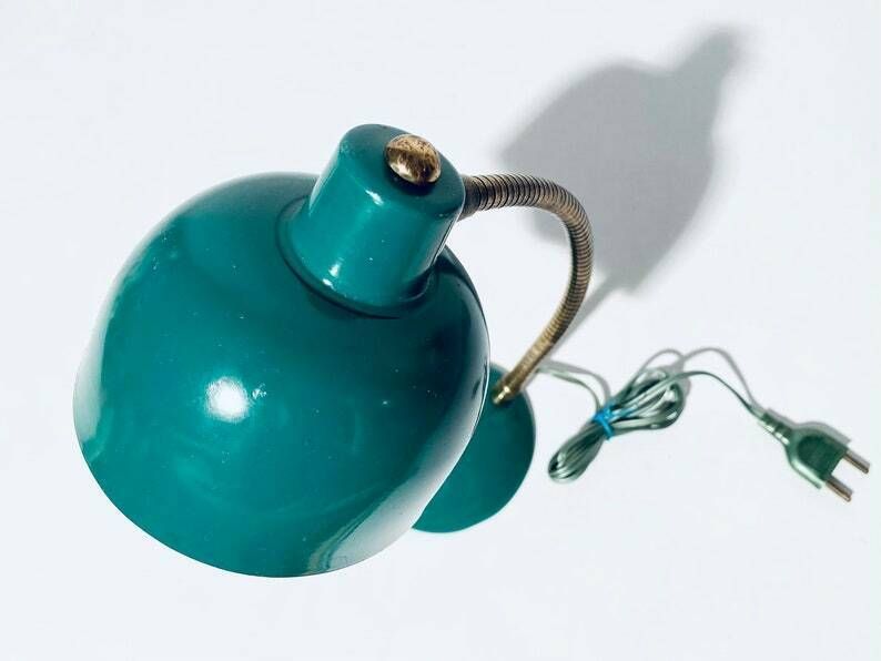 photo furniture Small Industrial Green Metal Table Lamp / 1950s Mid Century Vintage Desk Decor