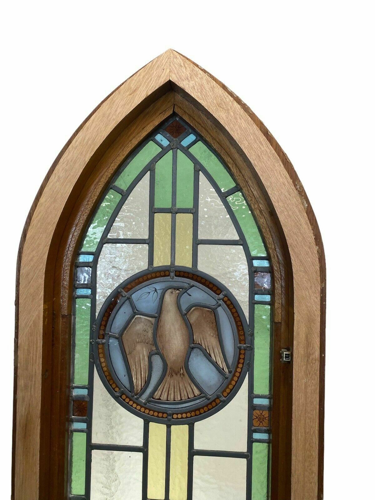 photo furniture Exquisite Stained Glass Hand Painted Window Panel Old Restored Arched Teak Opens