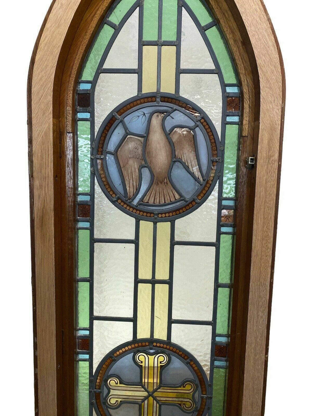 2655.0 Exquisite Stained Glass Hand Painted Window Panel Old Restored Arched Teak Opens photo