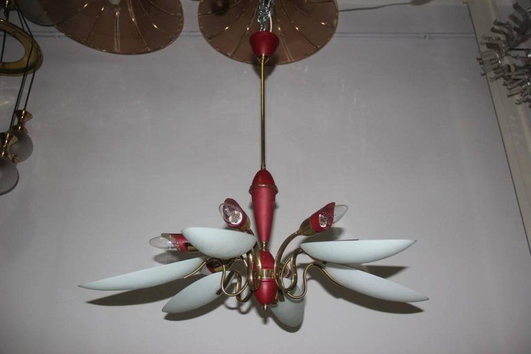 Mid Century Modern Chandelier ,Glass,Brass,Lacquered Metal Italian Design photo furniture