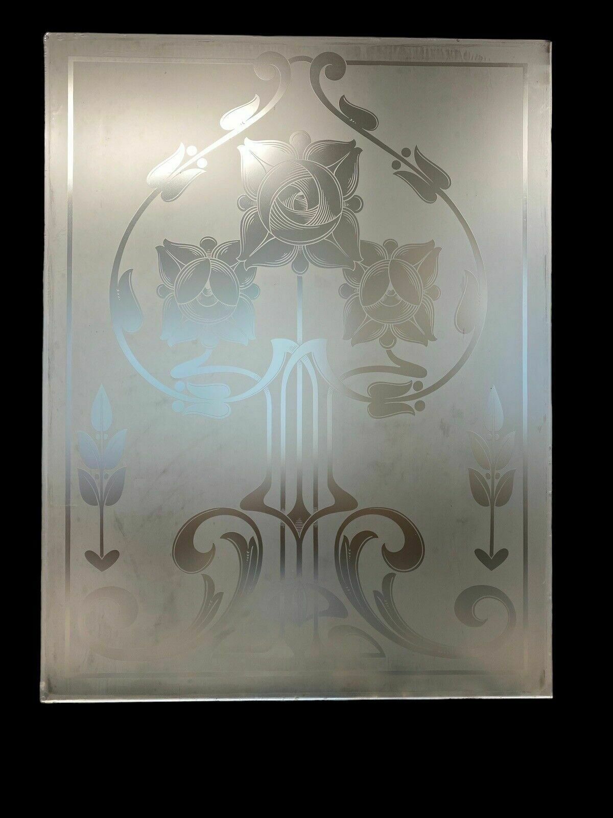 Large Victorian Acid Etched Glass Window Panel Old Period Reclaimed Antique