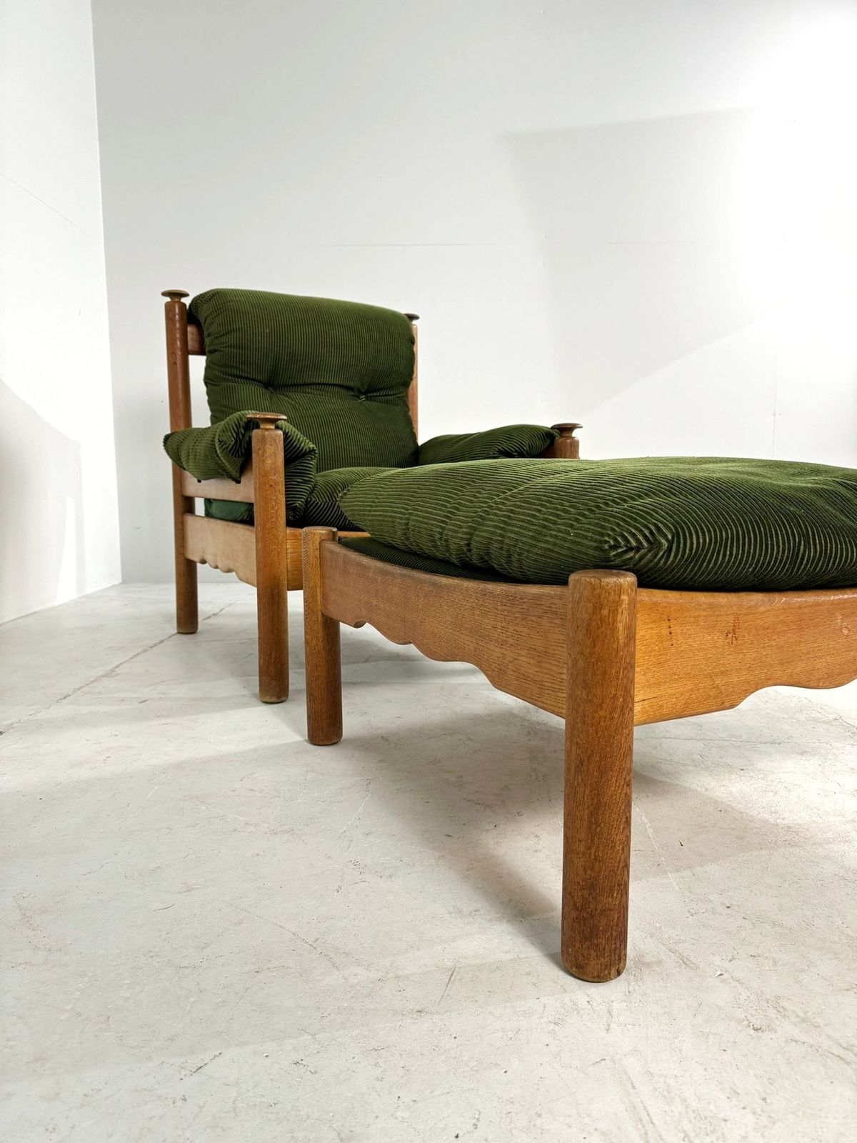 Vintage Oak Brutalist Armchair With Poof In Original Green Ribbled Fabric photo furniture