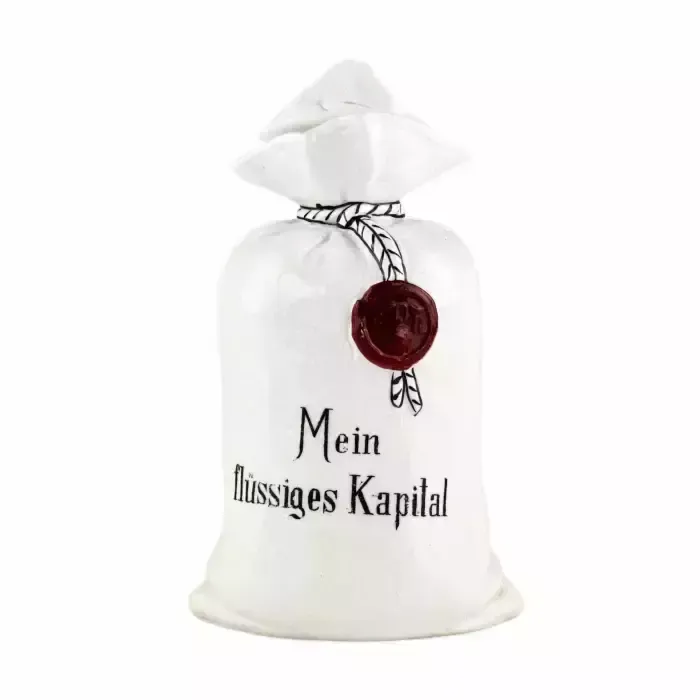 Porcelain Bottle Mein Flüssiges Kapital, In The Shape Of A Canvas Money Bag.