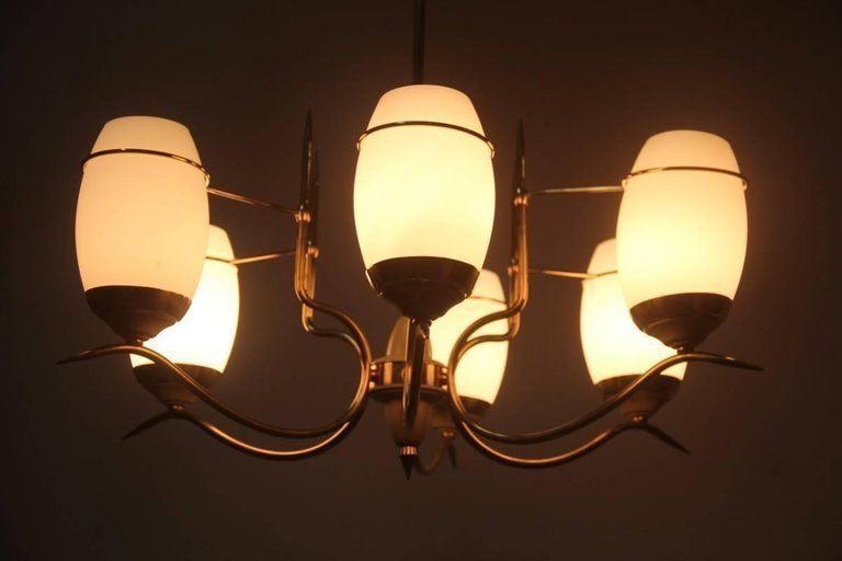 Mid Century Modern Italian Chandelier Stilnovo Brass Lacquered Murano Glass photo for sale