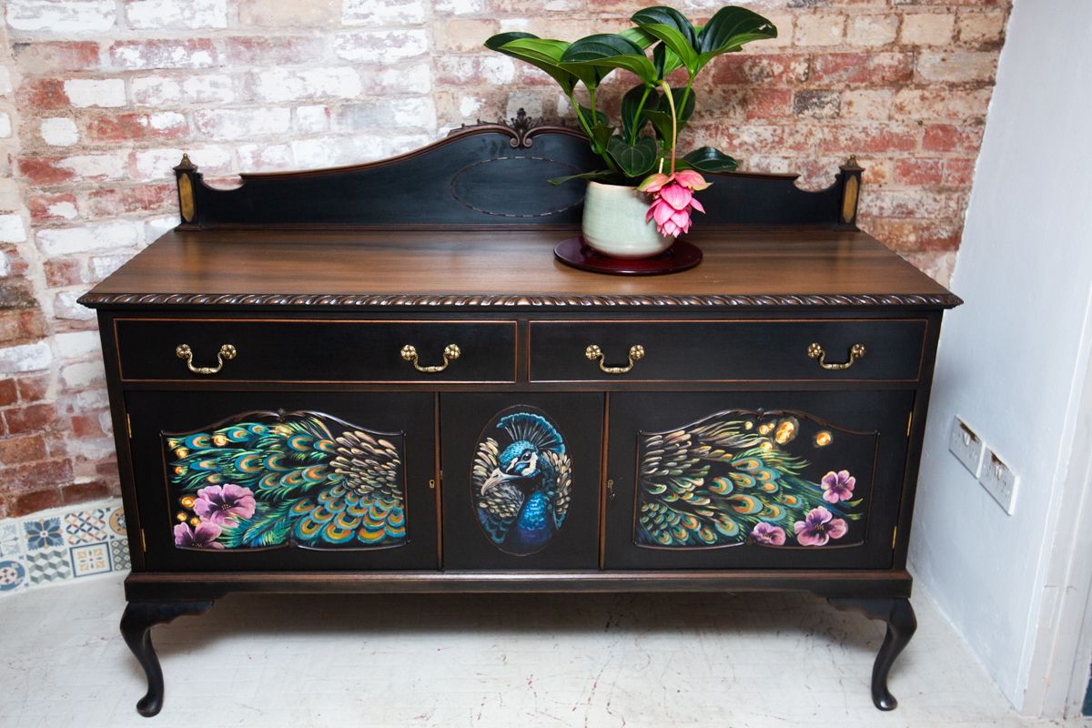 Stunningly Hand Painted, Mural Peacock Designed, Maw, Till, Kirke & Co. (Circa 1876   1892) Buffet/Sideboard photo furniture