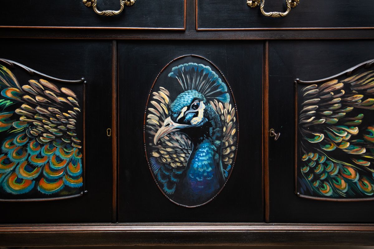 Stunningly Hand Painted, Mural Peacock Designed, Maw, Till, Kirke & Co. (Circa 1876   1892) Buffet/Sideboard photo buy