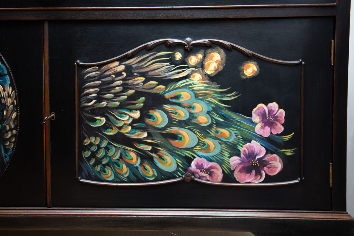 photo furniture Stunningly Hand Painted, Mural Peacock Designed, Maw, Till, Kirke & Co. (Circa 1876   1892) Buffet/Sideboard