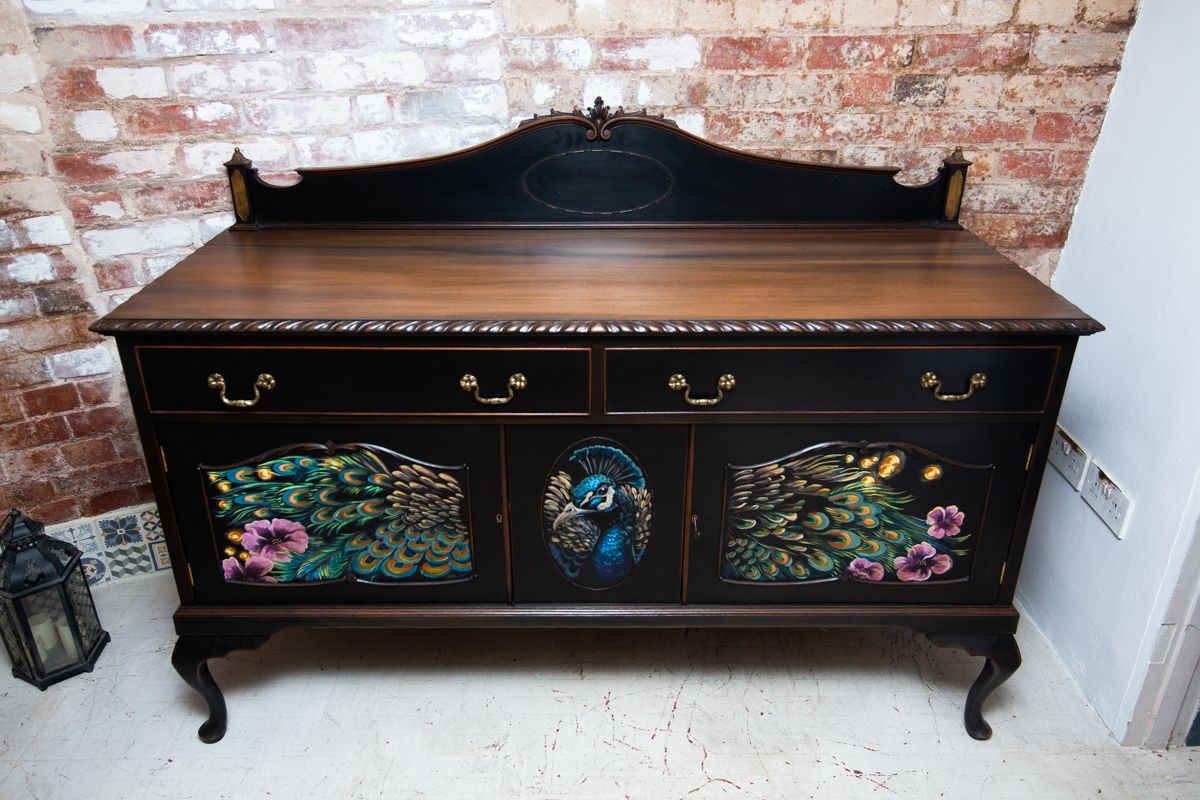 photo for sale Stunningly Hand Painted, Mural Peacock Designed, Maw, Till, Kirke & Co. (Circa 1876   1892) Buffet/Sideboard