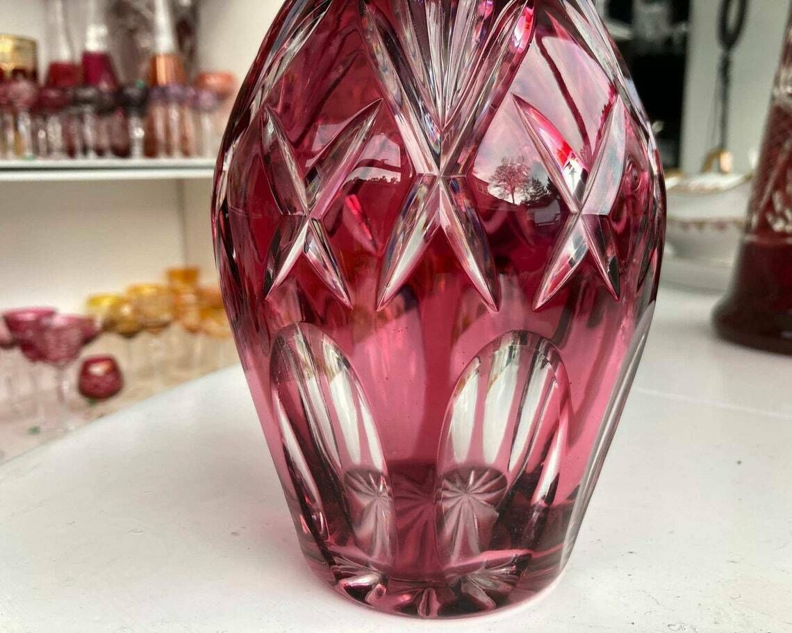 Red Crystal Decanter | Round Wine Decanter | Cut Crystal With Tall Neck | 1960 70s photo 204.0