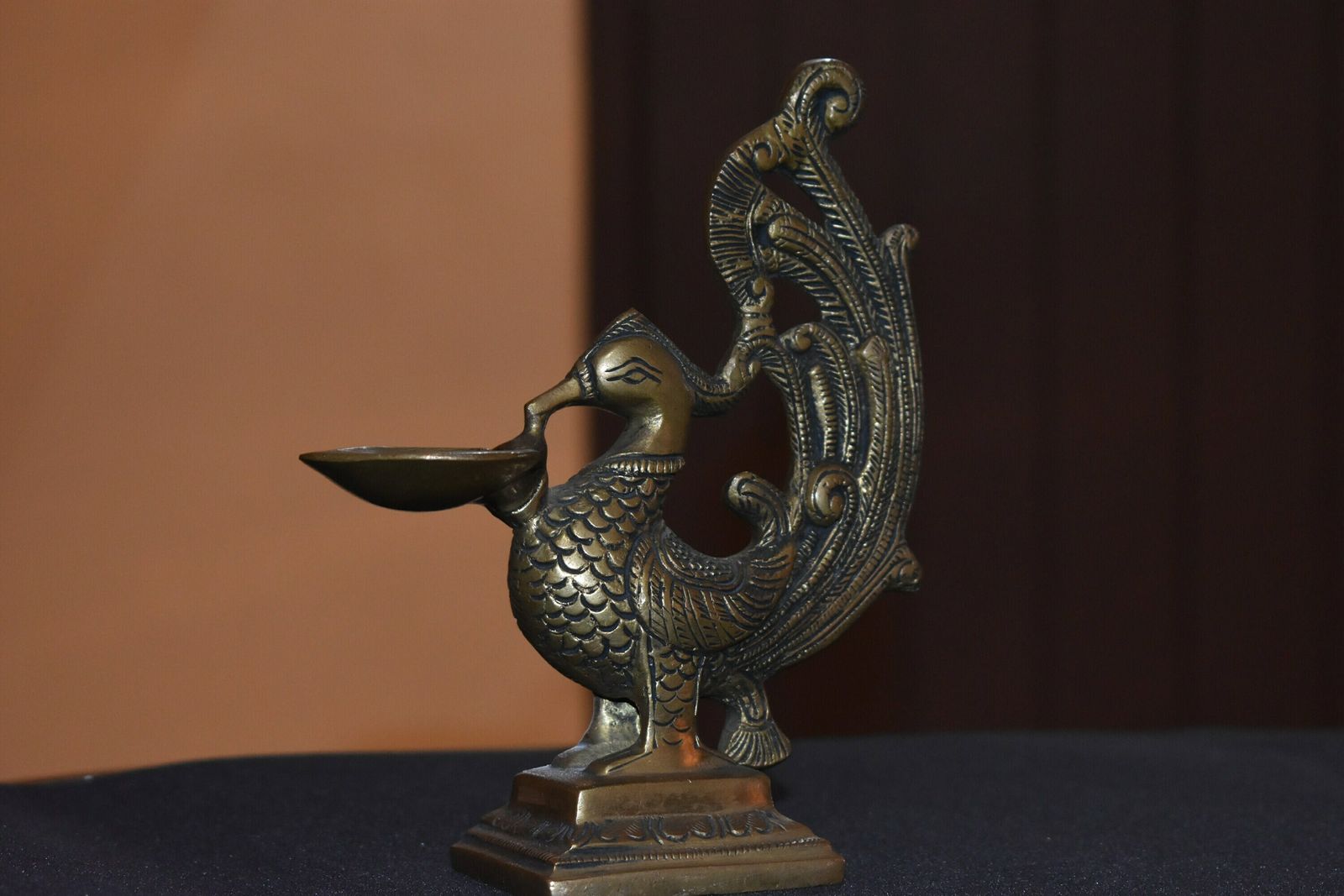 Brass Antique Peacock Diya | Vintage Oil Lamp | Handcarved Brass Oil Lamp | Ethnic Motifs photo for sale