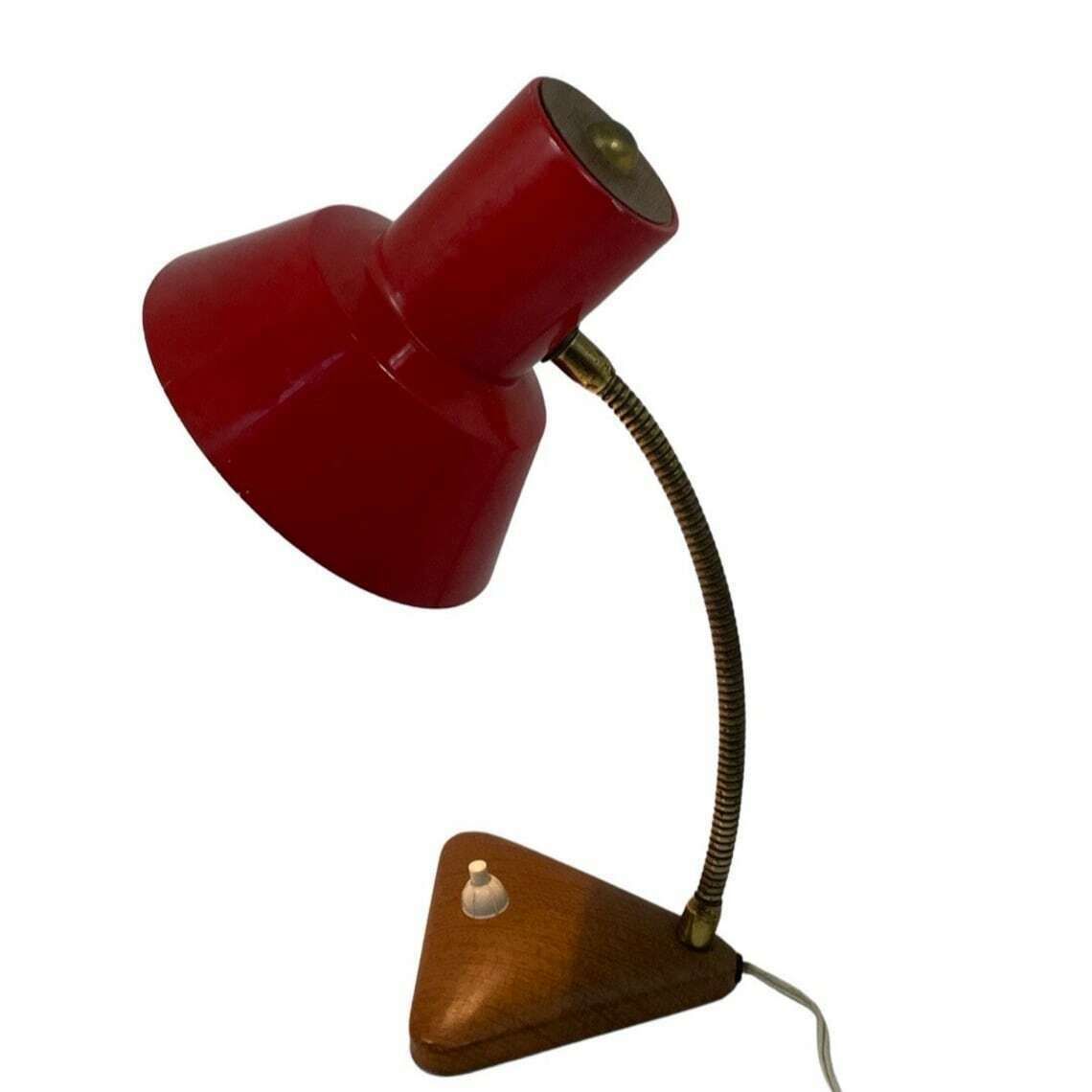 Red Desk Lamp   Faux Wooden Base Ans Accent   Brass Gooseneck
