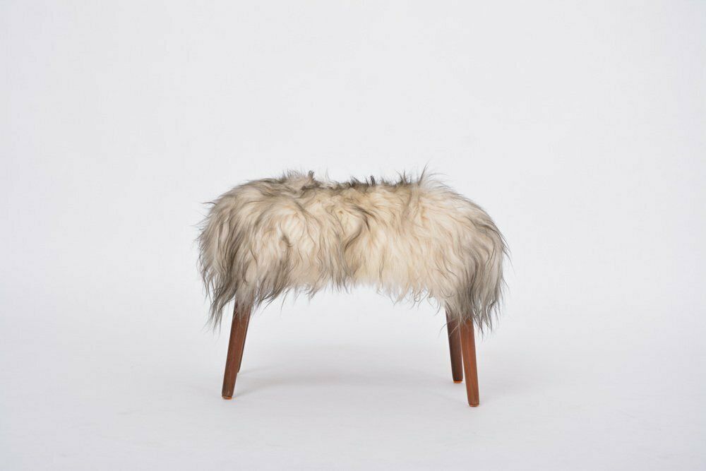 Mid Century Danish Modern Stool Covered In White & Black Sheepskin, 1950s photo vinterior