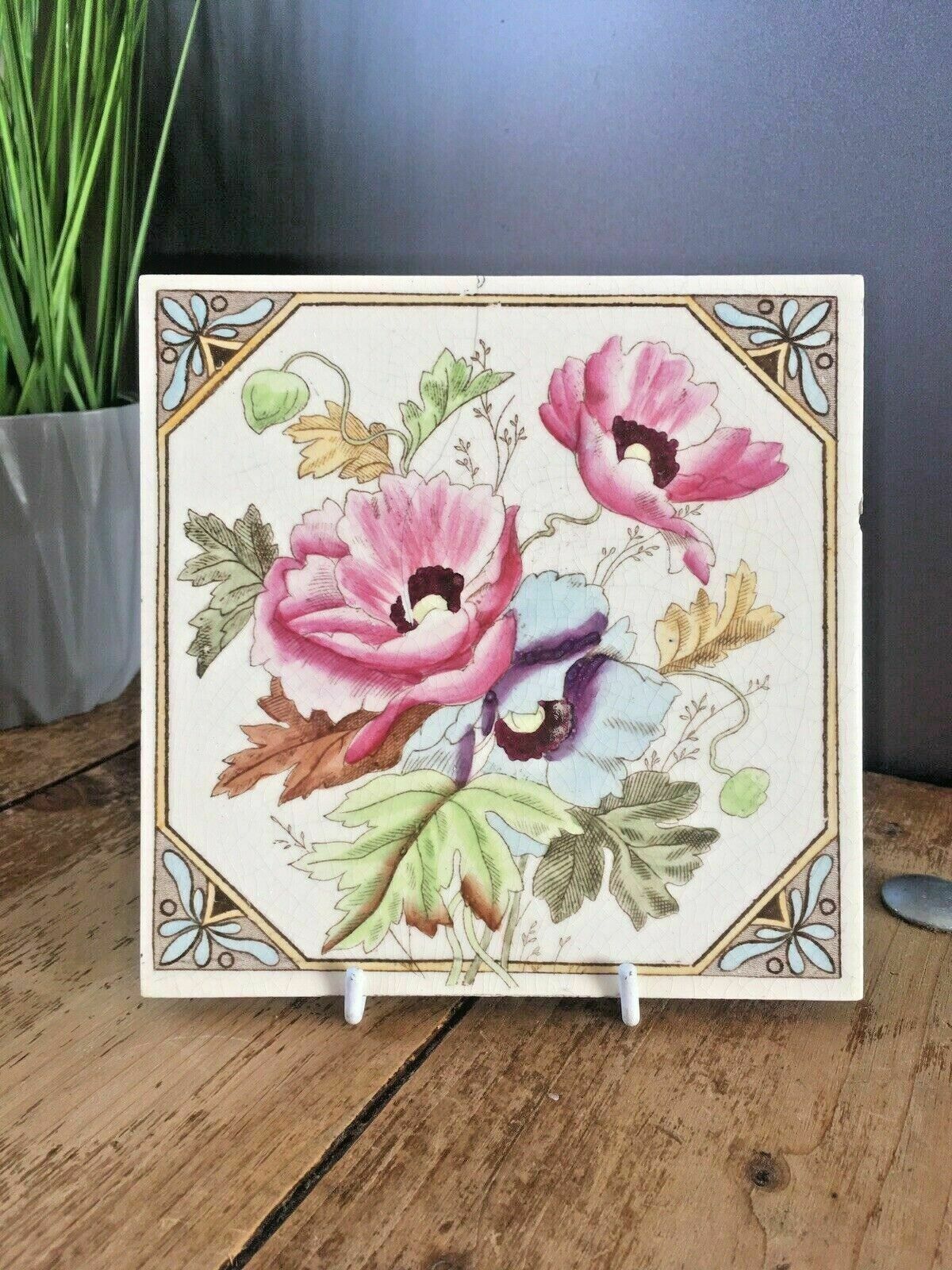 6 Aesthetic Movement W & E Corn Reclaimed Fireplace Floral Tiles Minton Interest photo buy