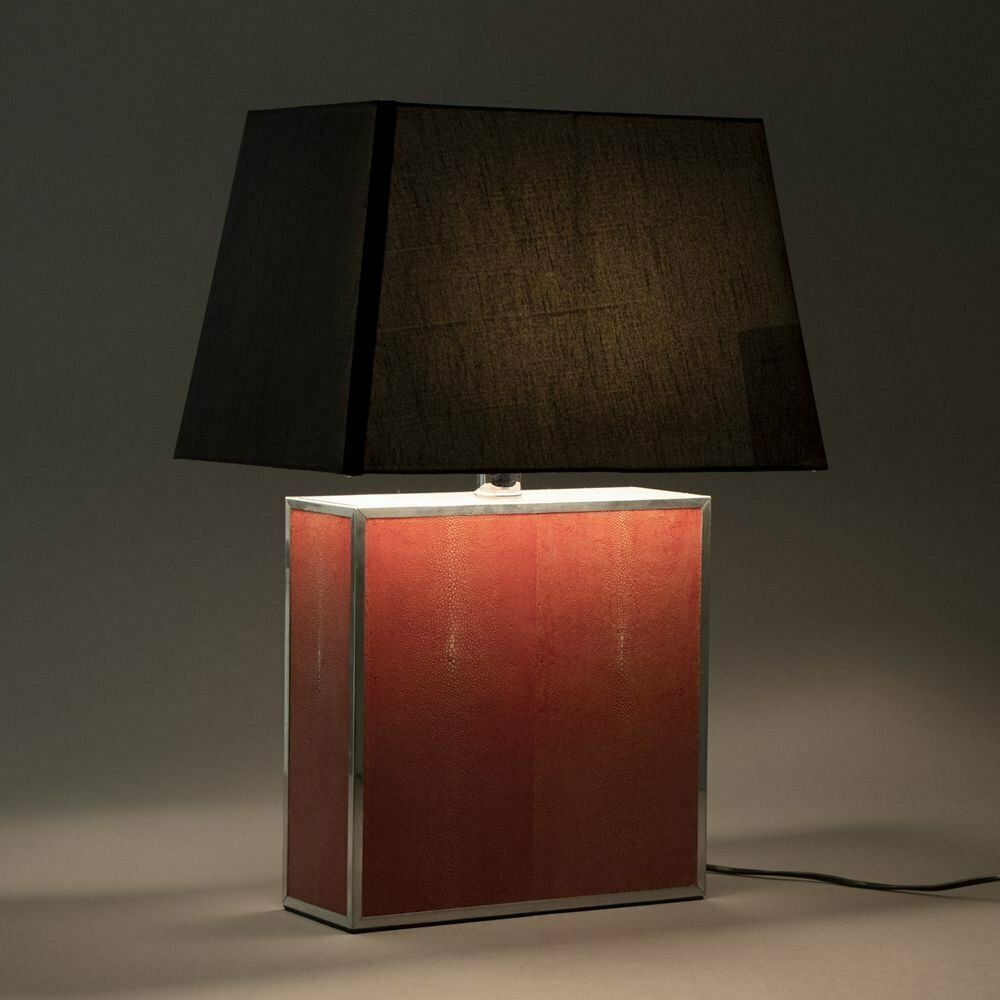Midcentury Large Pink Shagreen Table Lamp With New Black Silk Shade C.1970 photo Lighting